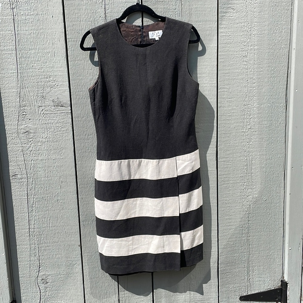 Vintage Women’s 12 David Meister Summer Linen Black Cream Striped Fitted Dress